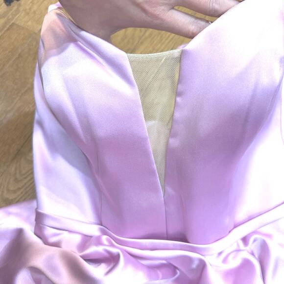 Formal Colette Mon Cheri PINK LILAC Satin Mini Skater Illusion V Neck Dress SZ.6 - Picture 14 of 15